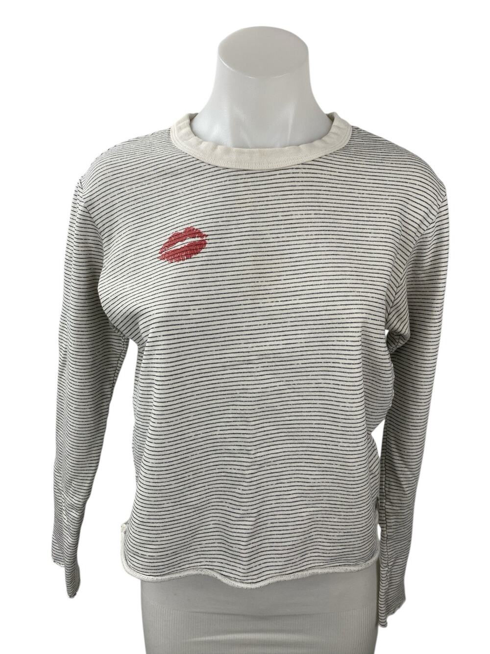 Monrow Women's Gray Kiss Mark Long Sleeve Crew Striped T Shirt Tee Top Size S